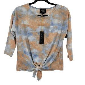 W5 Top Fleece Scoop Neck 3/4 Sleeve Knotted Waist Pastel Camo Peach Gray XS